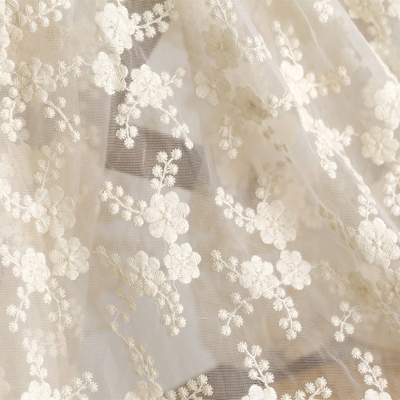 Ivory Lace Fabric, Embroidered Tulle Lace Fabric with Retro Florals, Mesh Lace Fabric, Chic Bridal Lace Fabric, By the Half Meter