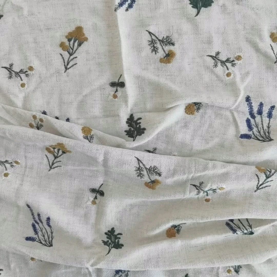 Floral Linen Embroidered Fabric, Plant Embroidered Fabric, Vintage