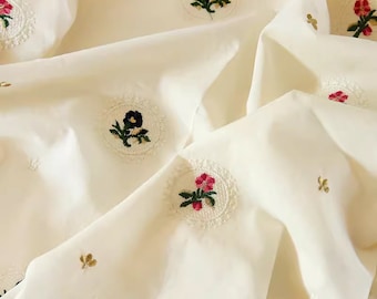 Floral Cotton Embroidered Fabric, Flower Fabric, Cotton Fabric, Quilting Fabric, Designer Fabric, Daisy Fabric, Soft Fabric, By the Half Meter