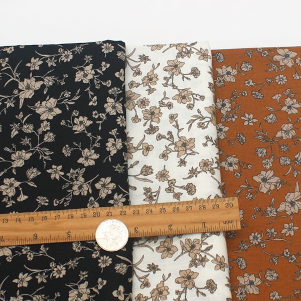 Floral Cotton Fabric, Khaki Brown Floral On Black Brown White Cotton Fabric, Soft Cotton Fabric, By the Half Meter