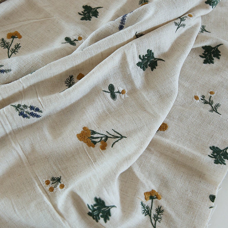 Tela bordada de lino floral, tela bordada de plantas, tela de lino floral vintage, tela acolchada, tela de diseñador, por medio metro imagen 4