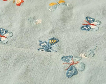 Blue Butterfly Linen Fabric, Embroidered Fabric, Flower Linen Fabric, Quilting Fabric, Designer Fabric, Daisy Fabric, By the Half Meter
