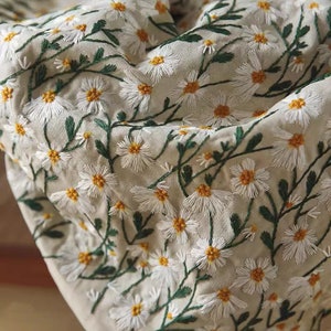 Daisy Linen Embroiderd Fabric, Embroidered Daisy Floral Fabric, Daisy Fabric, Dress Fabric, Designer Fabric,Cotton Fabric, By the Half Meter
