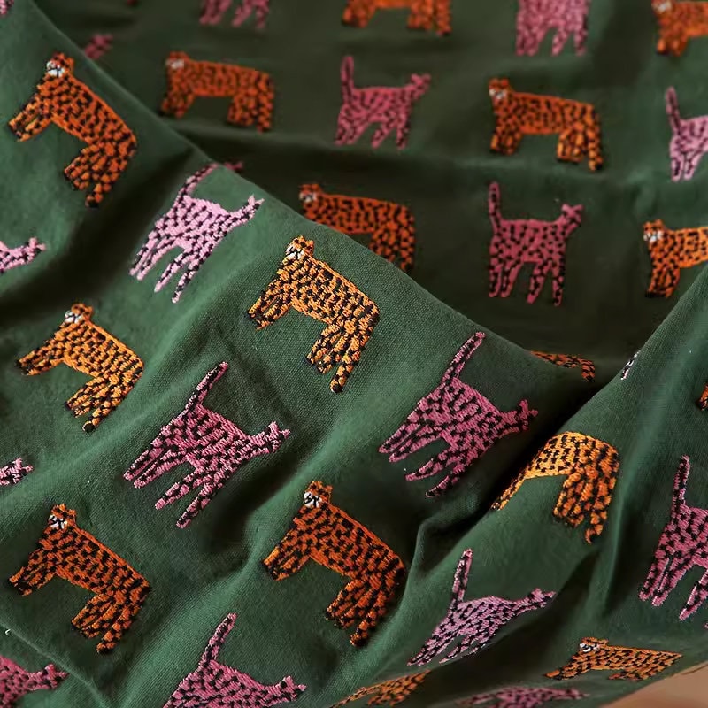 Tiger Embroiderd Linen Cotton Fabric, Green Embroidered Fabric, Designer Fabric,Quilting Fabric,Thick Fabric,Linen Fabric, By the Half Meter