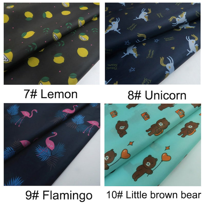 May include: Four fabric swatches with different patterns. The first swatch is black with yellow lemons, the second is navy blue with white unicorns, the third is navy blue with pink flamingos, and the fourth is turquoise blue with brown bears.