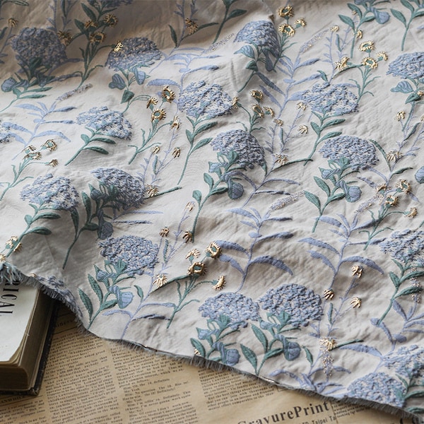 Blue Dandelion Fabric, Floral Polyester Fabric, Jacquard Fabric, Quilting Fabric, Designer Fabric, Vintage Fabric, By the Half Meter