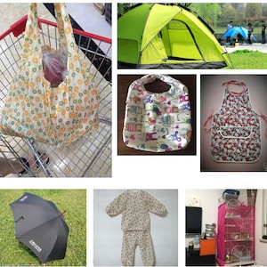 May include: A collection of various items including a floral patterned reusable shopping bag, a green camping tent, a colourful patterned tote bag, a red and white patterned apron, a black umbrella, a beige patterned pyjama set, and a pink wire cage.