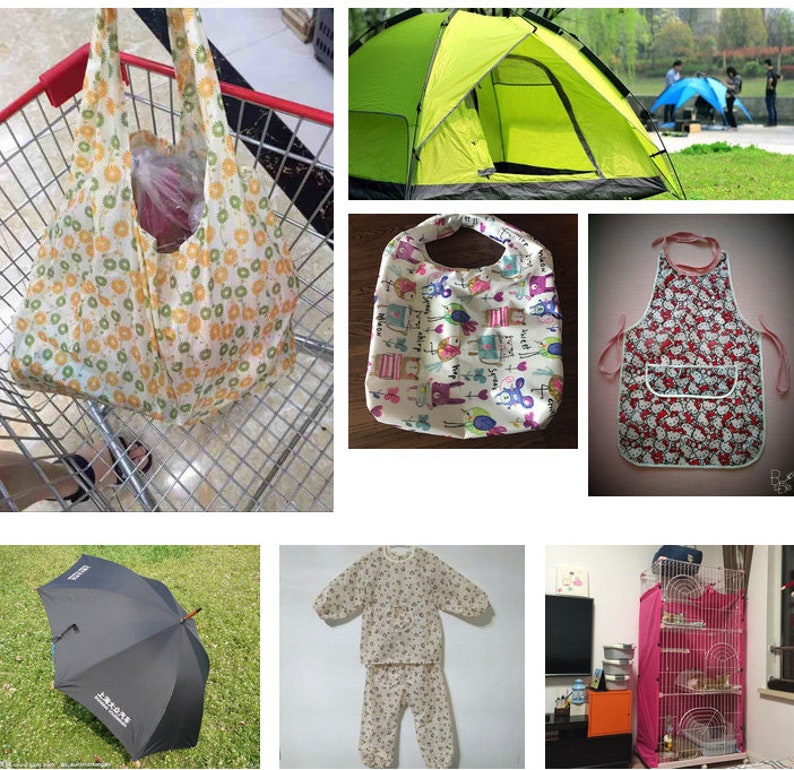 May include: A collection of various items including a floral patterned reusable shopping bag, a green camping tent, a colourful patterned tote bag, a red and white patterned apron, a black umbrella, a beige patterned pyjama set, and a pink wire cage.