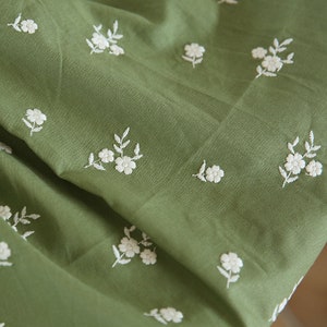 Green Floral Linen Fabric, Embroidered Fabric, Daisy Fabric, Flower Linen Fabric, Quilting Fabric, Designer Fabric, By the Half Meter