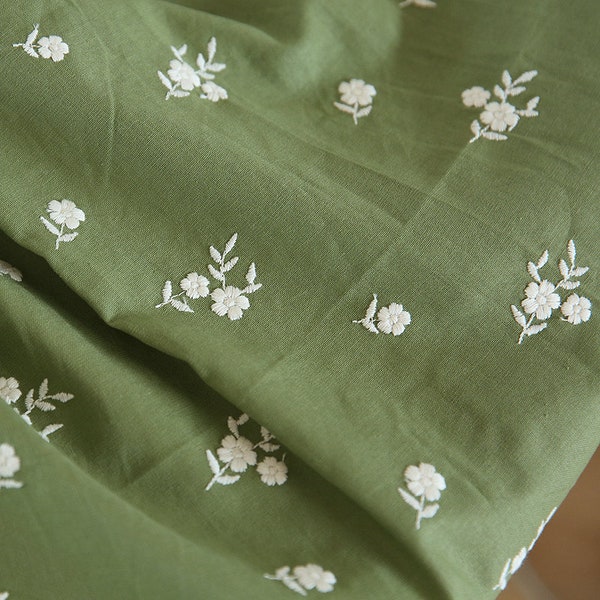 Tissu de lin floral vert, tissu brodé, tissu marguerite, tissu de lin fleuri, tissu matelassé, tissu design, au demi-mètre