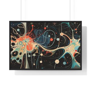May include: Abstract art print featuring a colorful, swirling design with a black background. The design resembles a network of interconnected lines and shapes, with shades of blue, green, orange, and yellow.