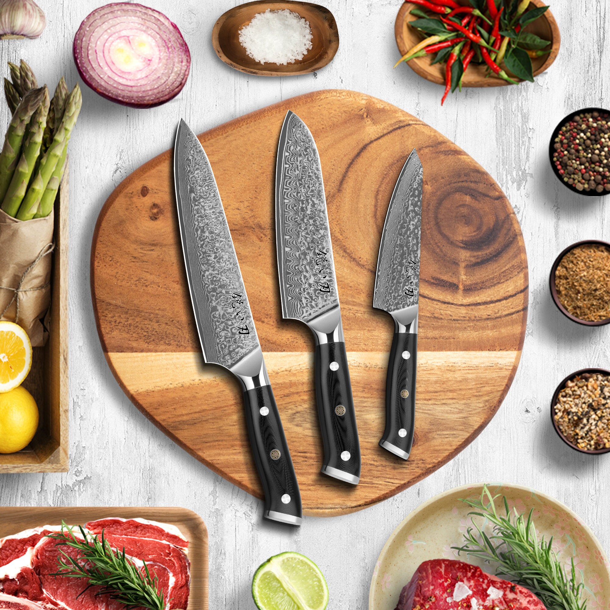 Couteaux de cuisine Kiwi, lot de 5, couteau de chef, lame en acier  inoxydable, manche en bois, Couteaux de cuisine Kiwi set 5 pcs no. 501 172  173 288
