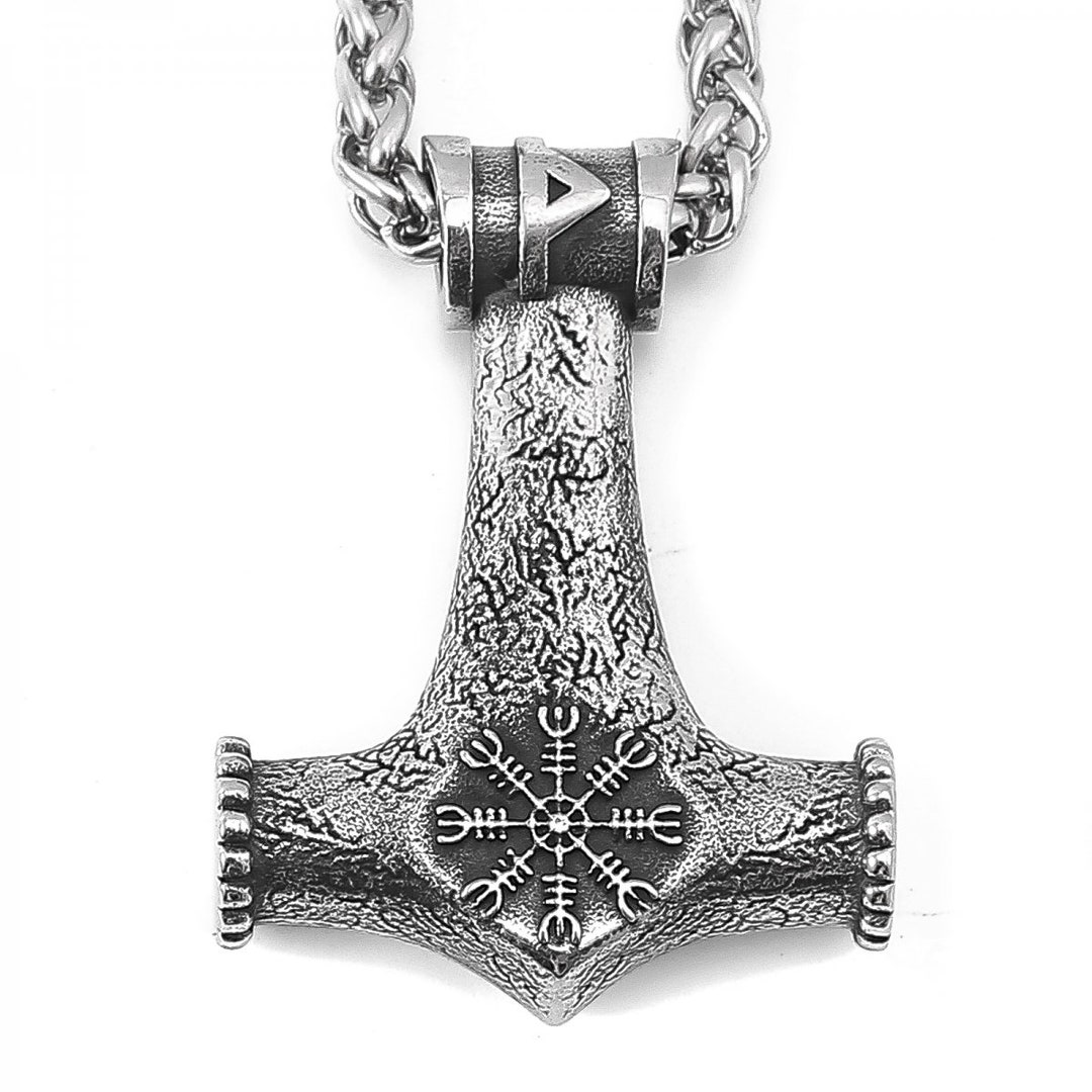 MJOLNIR NECKLACE, Thor Hammer Necklace, VIKING Necklace, Norse Necklace, Vegvisir Sign Viking