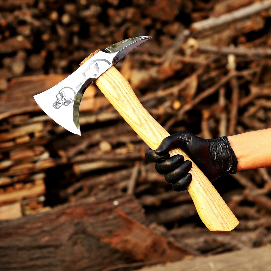 Hache Tomahawk En Acier Carbone 15 Pouces - Gravure Loup, Manche Bois De Rose, Fourreau Cuir