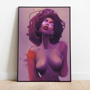May include: A digital painting of a woman with long, dark hair. She is wearing a purple and pink color scheme and has her eyes closed. The background is a light purple with white splatters.