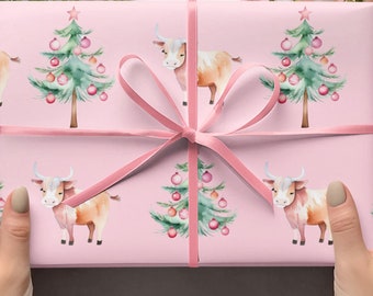 Pink Highland Cow Christmas Wrapping Paper,  Pink Christmas Wrapping Paper