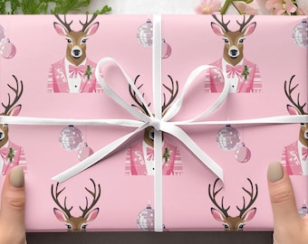 Pink Reindeer & Disco Ball Christmas Wrapping Paper, Christmas Wrapping Paper Preppy, Funny Wrapping Paper Roll, Pink Christmas Papers,