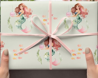 Green Mermaid Christmas Wrapping Paper, Cute Mermaid Holiday Wrapping Paper