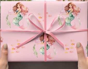 Pink Mermaid Christmas Wrapping Paper, Holiday Gift Wrap