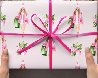 Preppy Pink Watercolor Christmas Wrapping Paper