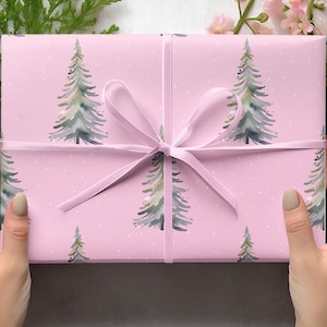 Carta da regalo natalizia rosa e verde con acquerello, carte natalizie rosa, carta da regalo rosa, rotolo di carta da regalo per le feste, carta da regalo preppy