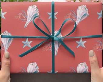 Beach Wrapping, Seashell Christmas Wrapping Paper, Cute Gift Wrap, Preppy Wrapping Paper, Cute Wrapping Paper Roll, Coastal Wrapping