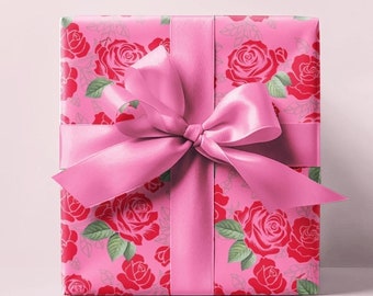 Red Rose Floral Wrapping Paper Roll, Pink Gift Wrap Roll, Wrapping For Her, Valentine's Day Wrapping Paper, Bridal Gift Wrap
