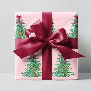 Rosa Weihnachtsbaum-Geschenkpapierrolle, Weihnachtsbaum-Geschenkpapier, rosa Feiertagsgeschenkverpackung, adrette Geschenkverpackung, rosa Weihnachtsfeiertage