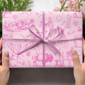 Rotolo di carta da regalo rosa Toile Western, carta da regalo da cowboy, carta da regalo rosa per le feste, carta da regalo per compleanni, carta da regalo preppy