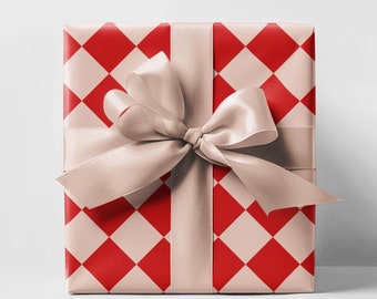 Red & Beige Checkered Wrapping Paper Roll, Holiday Gift Wrap, Christmas Gift Wrap, Red Wrapping Paper, Festive Holiday Wrap, Preppy Wrapping