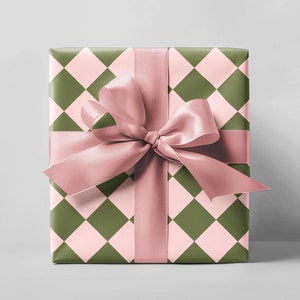 Green & Pink Checkered Wrapping Paper Roll, Boho Gift Wrapping, Pink Gift Wrap, Preppy Wrapping, Gift Wrap for Weddings and Birthday