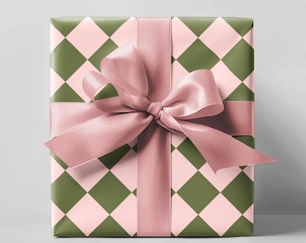 Green & Pink Checkered Wrapping Paper Roll, Boho Gift Wrapping, Pink Gift Wrap, Preppy Wrapping, Gift Wrap for Weddings and Birthday
