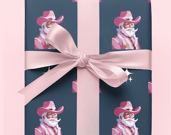 Pink Cowboy Santa Wrapping Paper, Funny Christmas Gift Wrap