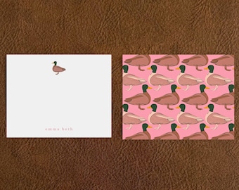 Pink Duck Stationery Set, Personalized Flat Notecards, Leopard Monogram Stationery