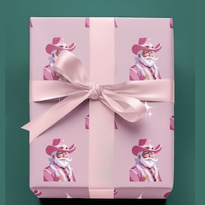 Carta da regalo rosa da cowboy di Babbo Natale, carta da regalo divertente per Natale, carta da regalo preppy, rotolo di carta da regalo carino, carta da regalo rosa per Natale