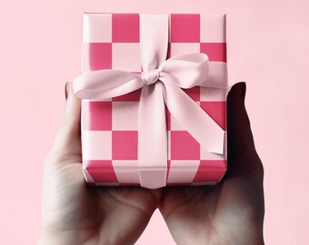 Roze retro geruite inpakpapierrol, cadeaupapier roze gingang, preppy inpakpapier, inpakpapier verjaardag, chique cadeaupapier