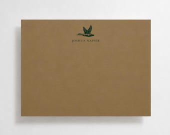Burnished Gold Mallard Duck Notecards, Dark Green Letter Font, Personalized Stationery Set
