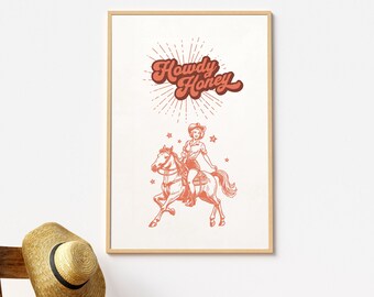 Howdy Honey Wall Poster, Cowgirl Wall Art Decor, Western Cowgirls Wall Art, Cowgirl Trendy Art, Coastal Cowgirl Wall Art, Retro Western Art