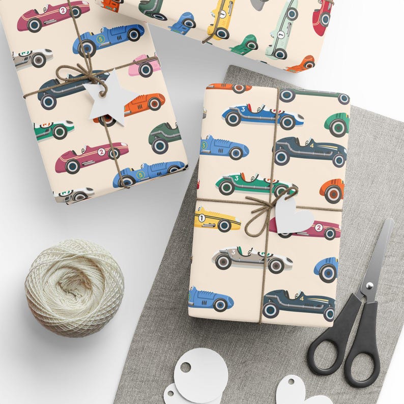 Vintage Race Cars Wrapping Paper Roll, Fun Holiday Gift Wrap, Birthday Wrapping Paper image 3