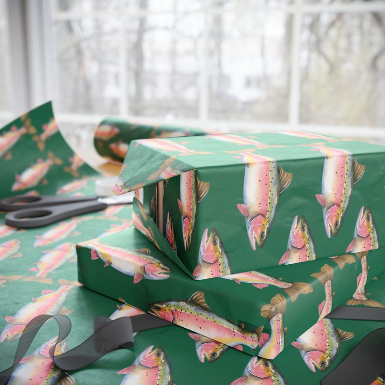 Rainbow Trout Wrapping Paper Roll, Gift Wrap For Him, Fishing Gift Wrap, Fisherman Gift Wrap Roll, Fun Wrapping Paper, Fly Fishing Wrapping image 3
