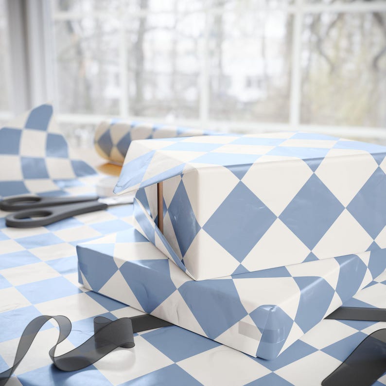Blau karierte Geschenkpapierrolle, Geschenkverpackung für sie, schicke Geschenkverpackung, adrette Verpackung, Feiertagsgeschenkverpackung, Hochzeitsgeschenkpapier Bild 6