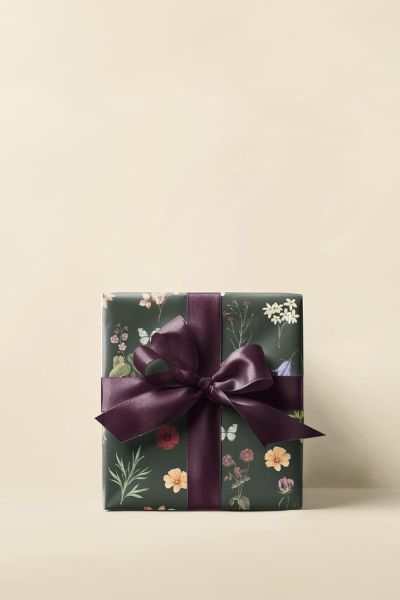 Dark Green Wildflower Wrapping Paper, Boho Floral Wrapping Paper, Wedding Wrapping Paper, Birthday Gift Wrap, Moody Dark Floral Gift Wrap