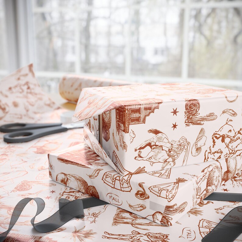 Rust Wrapping Paper Rust Toile Western Wrapping Paper Roll, Cowboy Gift Wrap, Western ...