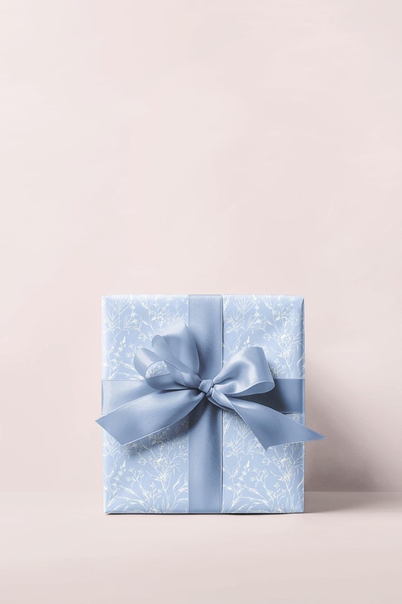 French Blue Floral Wrapping Paper, Wedding Shower Wrapping Paper, Elegant Wrapping Paper Rolls, Baby Gift Wrapping Paper, Floral Gift Wrap