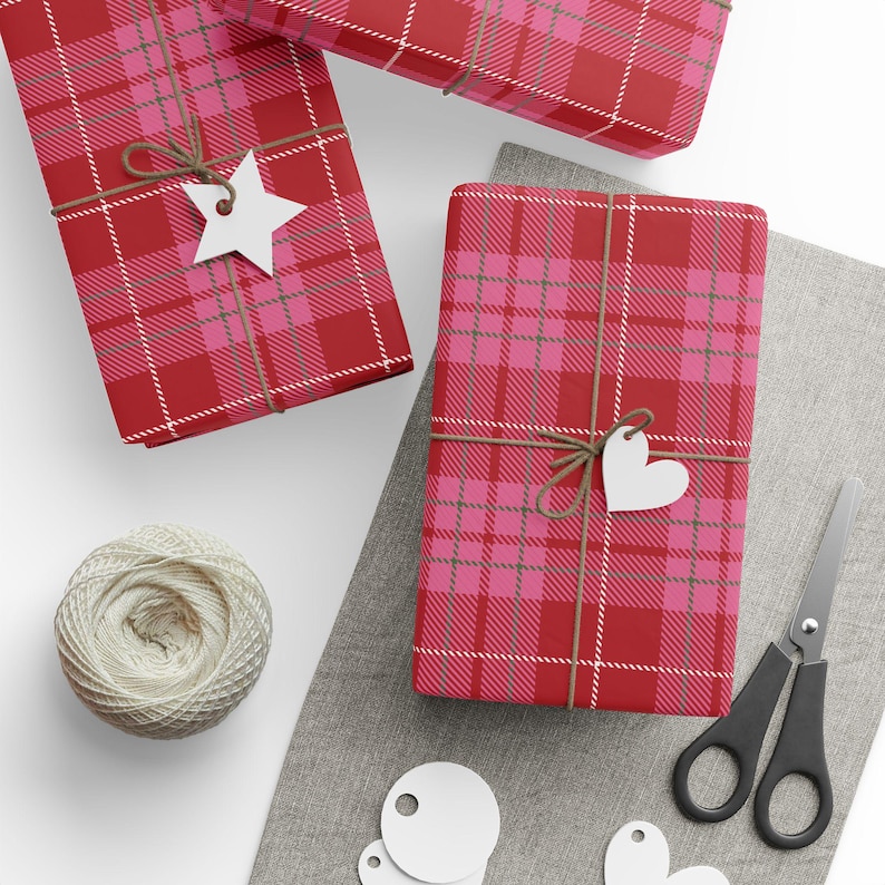 Red & Pink Plaid Wrapping Paper Roll, Plaid Holiday Wrapping Paper, Preppy Wrapping Paper, Pretty Gift Wrap, Cute Christmas Wrapping Paper image 4