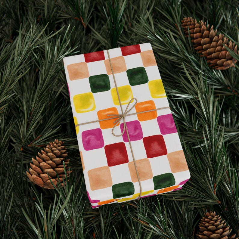 Watercolor Checkered Board Wrapping Paper Roll, Birthday Gift Wrap, Holiday Gift Wrap, Cute Gift Wrap, Christmas Wrap, Watercolor Gift Wrap image 6