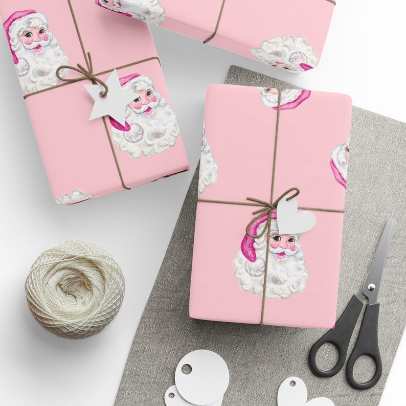 Papel de regalo navideño de Papá Noel con lentejuelas rosas, papel de regalo para las fiestas. imagen 6