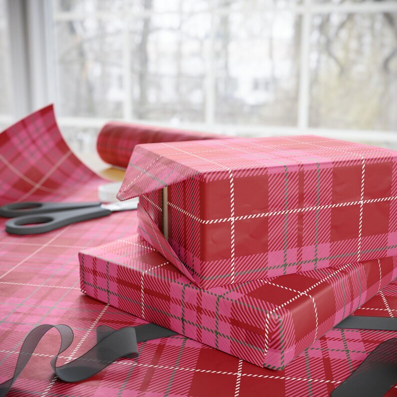 Red & Pink Plaid Wrapping Paper Roll, Plaid Holiday Wrapping Paper, Preppy Wrapping Paper, Pretty Gift Wrap, Cute Christmas Wrapping Paper image 8