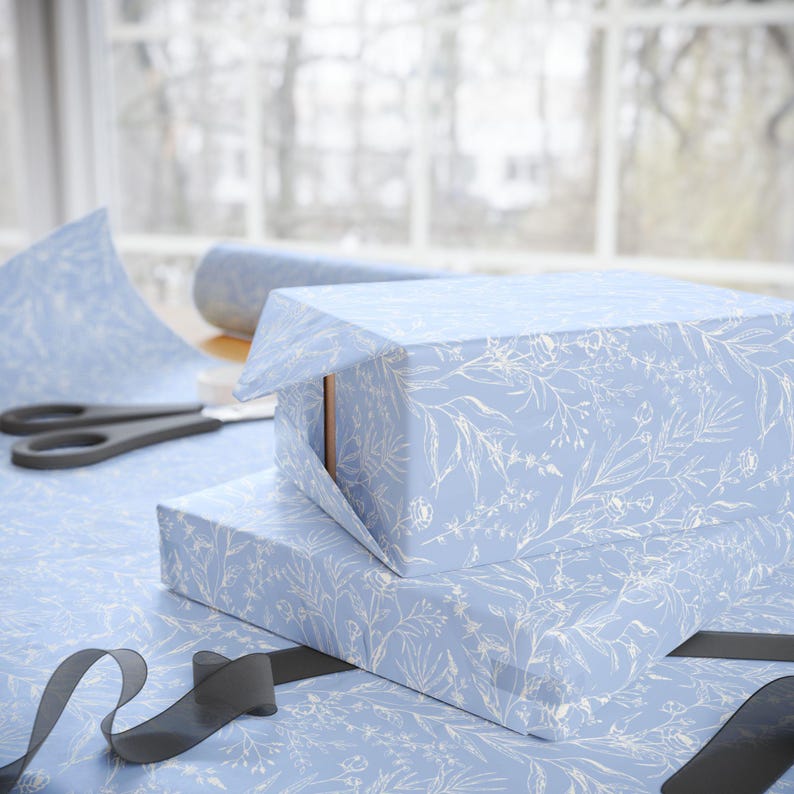 Papel de regalo floral azul francés, rollo de papel de regalo elegante imagen 5