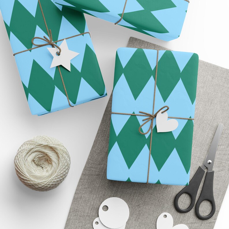Blue & Green Harlequin Wrapping Paper Roll, Christmas Wrapping Paper, Fun Wrapping, Birthday Gift Wrap, Retro Checkered Wrapping image 3